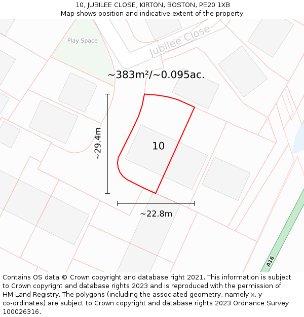 10, JUBILEE CLOSE, KIRTON, BOSTON, PE20 1XB: Plot and title map