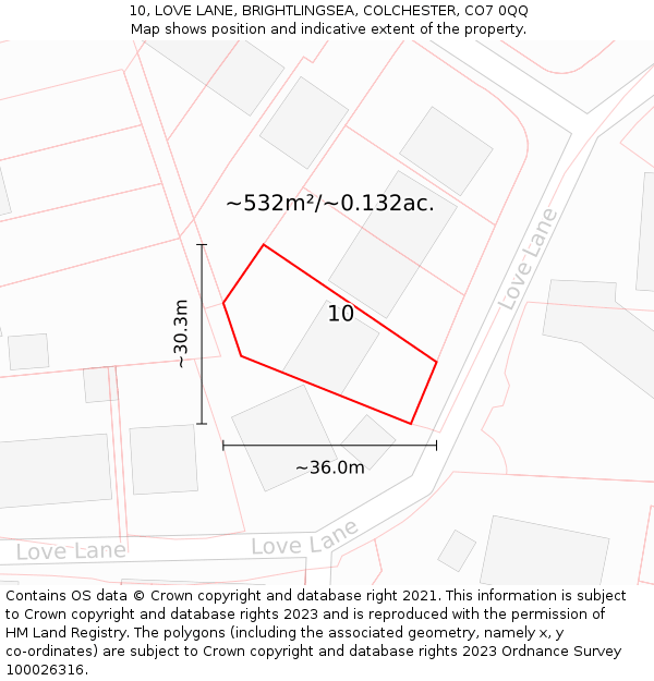 10, LOVE LANE, BRIGHTLINGSEA, COLCHESTER, CO7 0QQ: Plot and title map