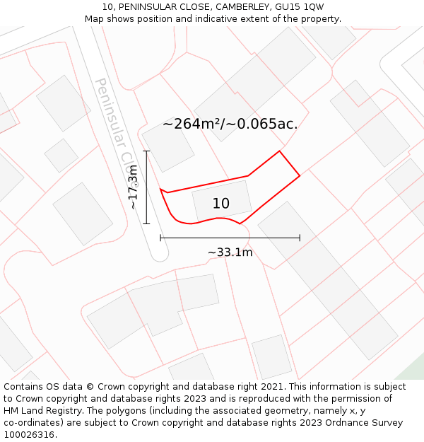 10, PENINSULAR CLOSE, CAMBERLEY, GU15 1QW: Plot and title map