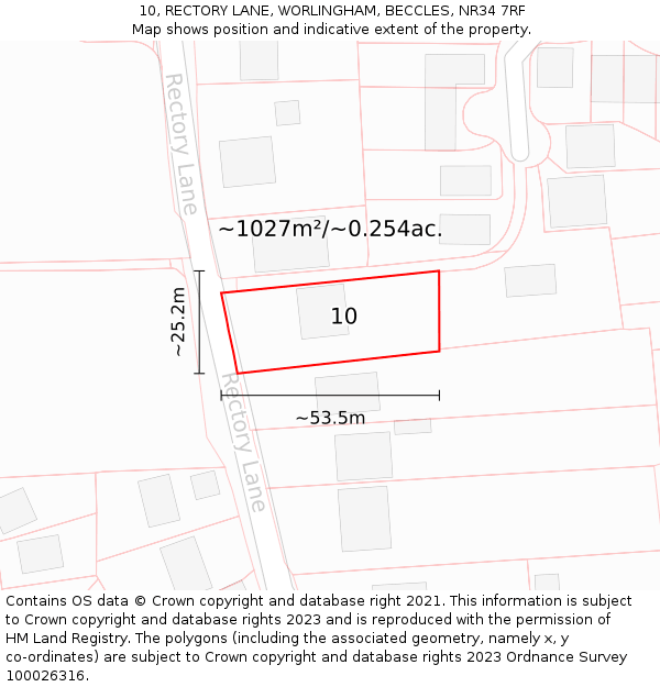 10, RECTORY LANE, WORLINGHAM, BECCLES, NR34 7RF: Plot and title map