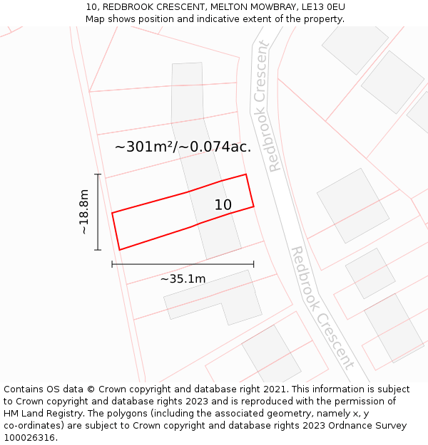 10, REDBROOK CRESCENT, MELTON MOWBRAY, LE13 0EU: Plot and title map