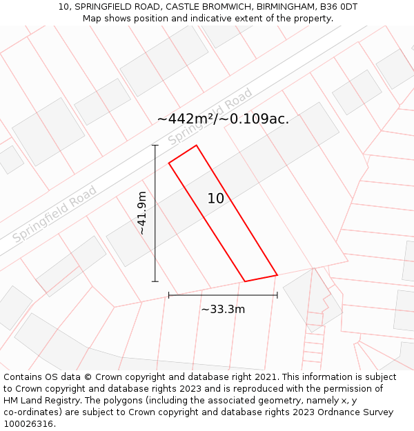 10, SPRINGFIELD ROAD, CASTLE BROMWICH, BIRMINGHAM, B36 0DT: Plot and title map