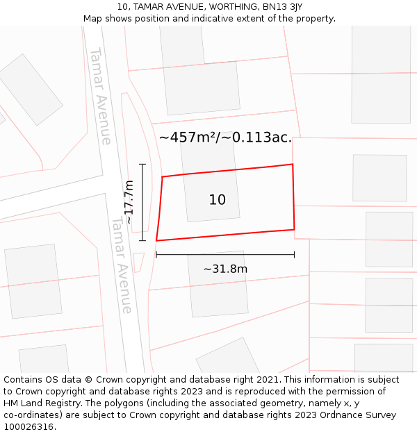 10, TAMAR AVENUE, WORTHING, BN13 3JY: Plot and title map