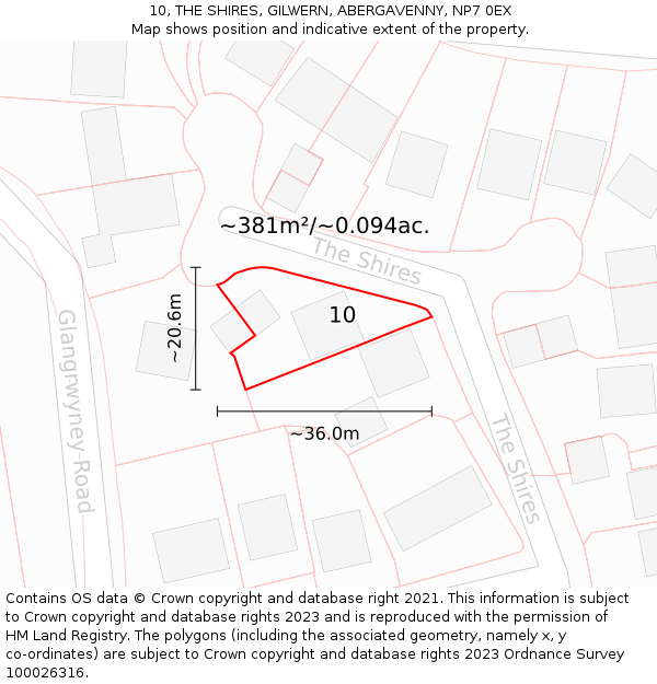 10, THE SHIRES, GILWERN, ABERGAVENNY, NP7 0EX: Plot and title map