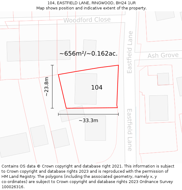 104, EASTFIELD LANE, RINGWOOD, BH24 1UR: Plot and title map