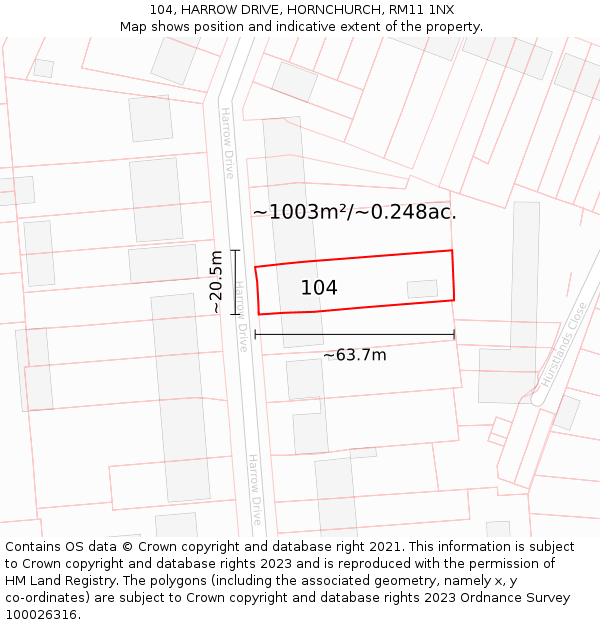 104, HARROW DRIVE, HORNCHURCH, RM11 1NX: Plot and title map