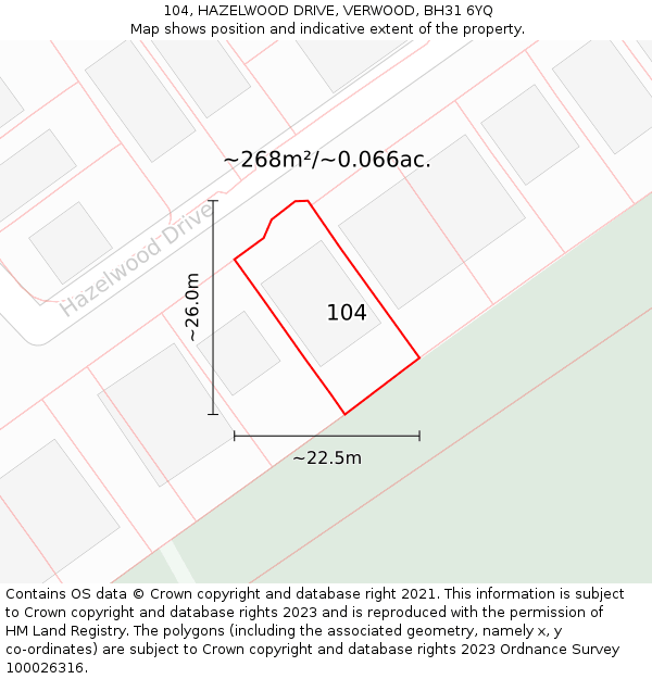 104, HAZELWOOD DRIVE, VERWOOD, BH31 6YQ: Plot and title map