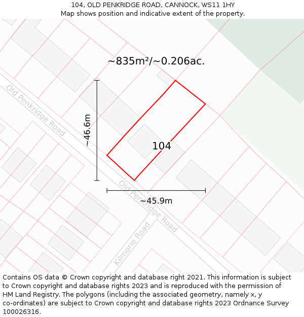 104, OLD PENKRIDGE ROAD, CANNOCK, WS11 1HY: Plot and title map