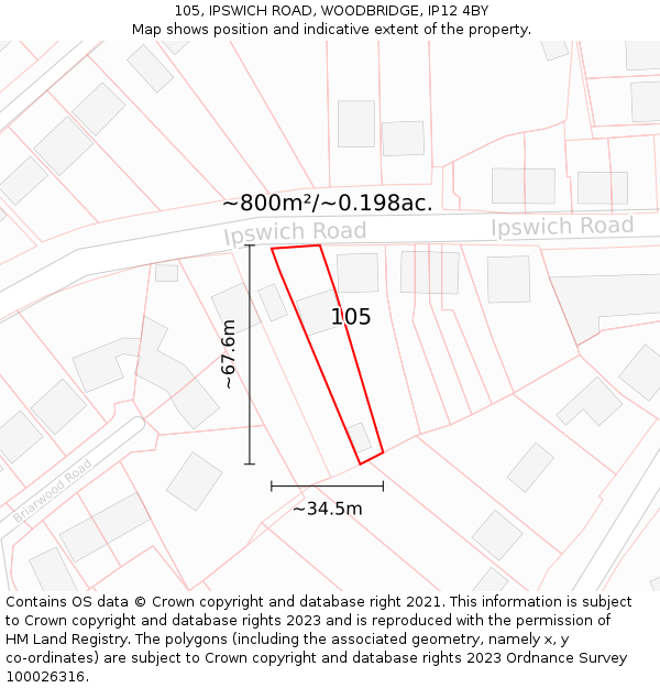 105, IPSWICH ROAD, WOODBRIDGE, IP12 4BY: Plot and title map