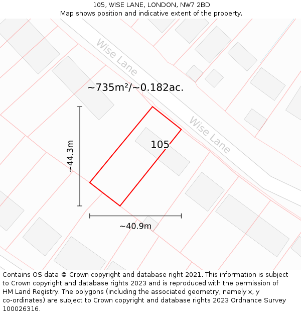 105, WISE LANE, LONDON, NW7 2BD: Plot and title map