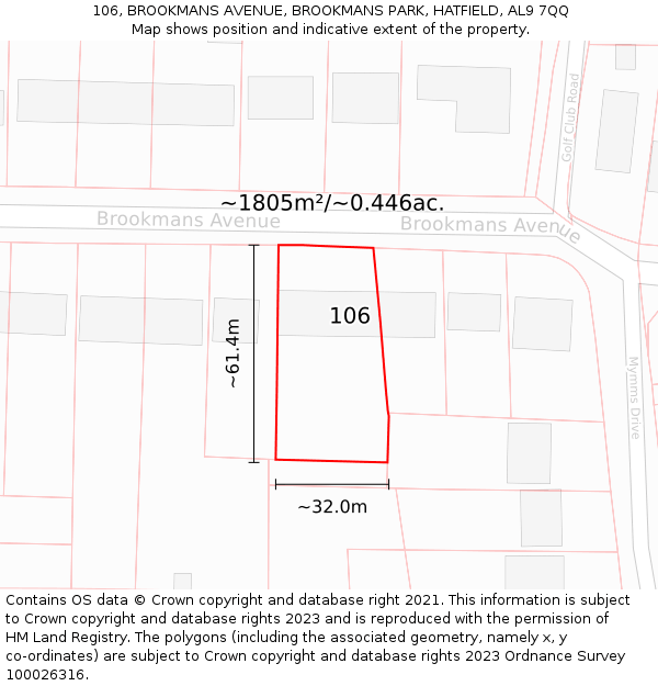 106, BROOKMANS AVENUE, BROOKMANS PARK, HATFIELD, AL9 7QQ: Plot and title map