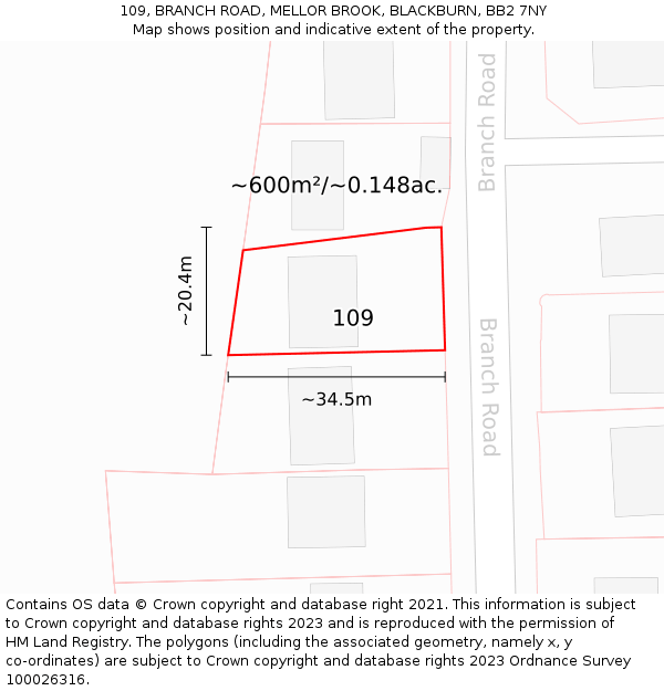 109, BRANCH ROAD, MELLOR BROOK, BLACKBURN, BB2 7NY: Plot and title map