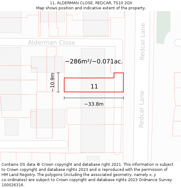 11, ALDERMAN CLOSE, REDCAR, TS10 2GX: Plot and title map