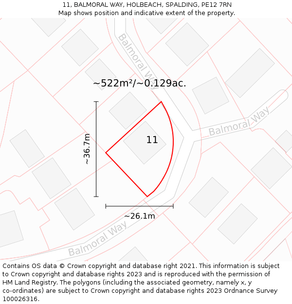 11, BALMORAL WAY, HOLBEACH, SPALDING, PE12 7RN: Plot and title map