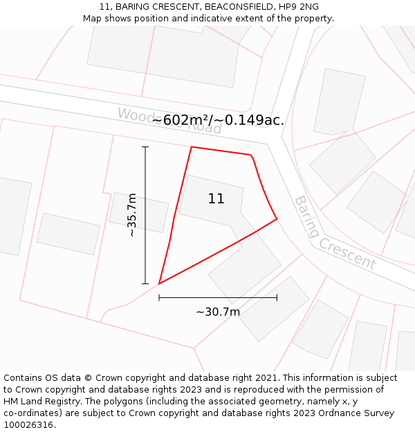 11, BARING CRESCENT, BEACONSFIELD, HP9 2NG: Plot and title map