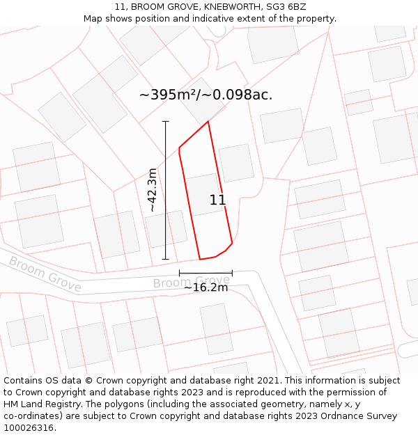 11, BROOM GROVE, KNEBWORTH, SG3 6BZ: Plot and title map