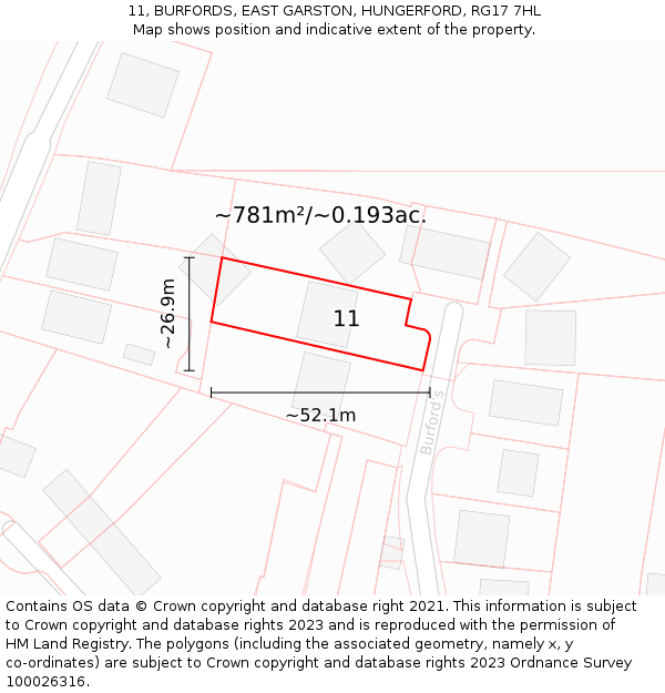 11, BURFORDS, EAST GARSTON, HUNGERFORD, RG17 7HL: Plot and title map