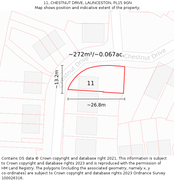 11, CHESTNUT DRIVE, LAUNCESTON, PL15 9GN: Plot and title map