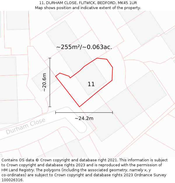 11, DURHAM CLOSE, FLITWICK, BEDFORD, MK45 1UR: Plot and title map