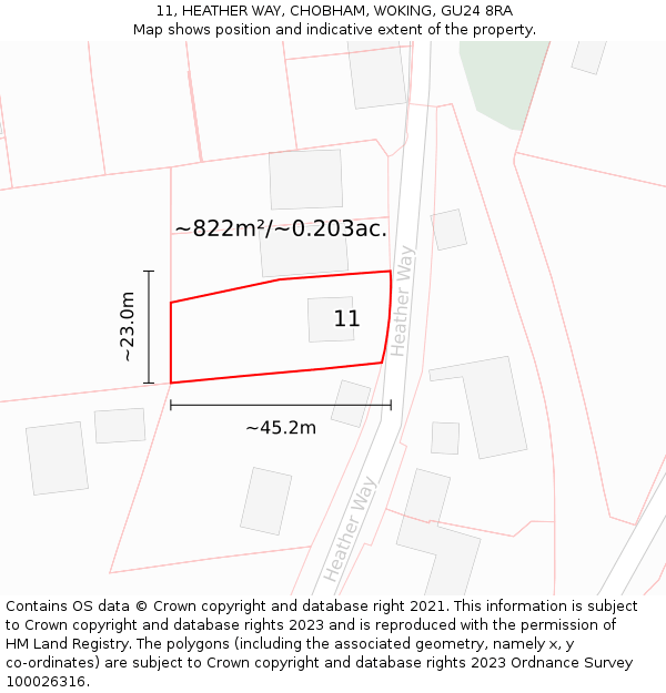 11, HEATHER WAY, CHOBHAM, WOKING, GU24 8RA: Plot and title map