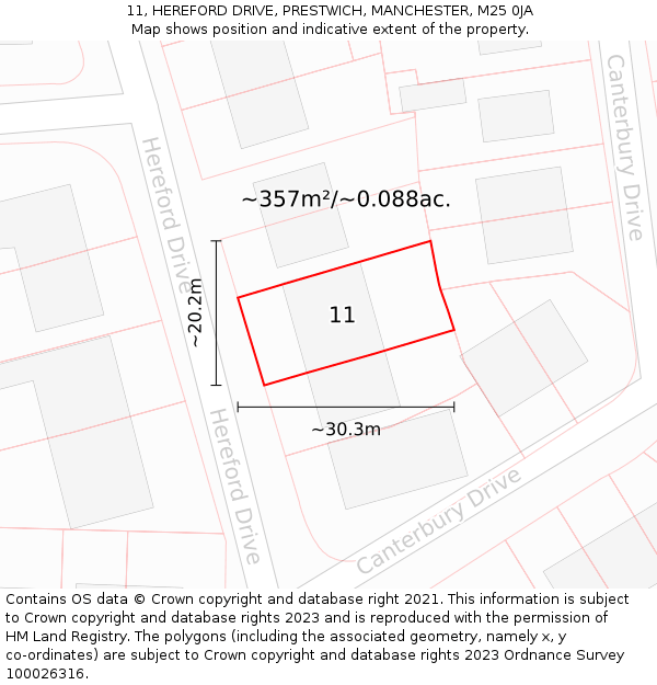 11, HEREFORD DRIVE, PRESTWICH, MANCHESTER, M25 0JA: Plot and title map