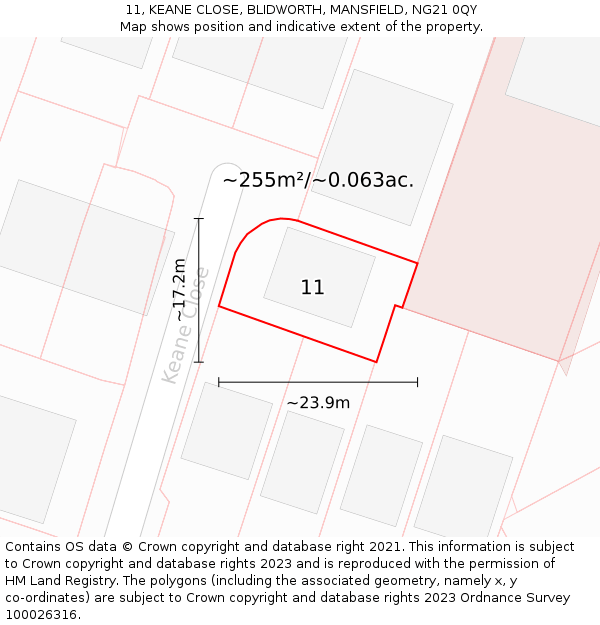 11, KEANE CLOSE, BLIDWORTH, MANSFIELD, NG21 0QY: Plot and title map