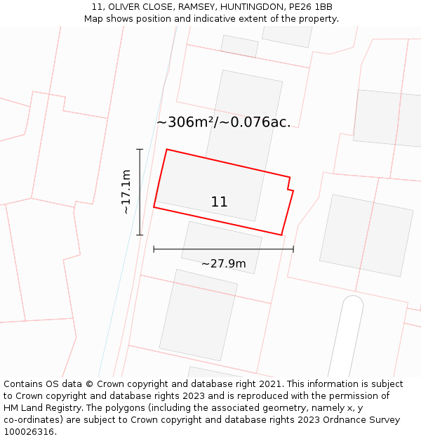 11, OLIVER CLOSE, RAMSEY, HUNTINGDON, PE26 1BB: Plot and title map