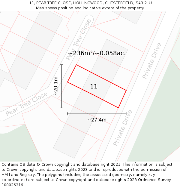 11, PEAR TREE CLOSE, HOLLINGWOOD, CHESTERFIELD, S43 2LU: Plot and title map