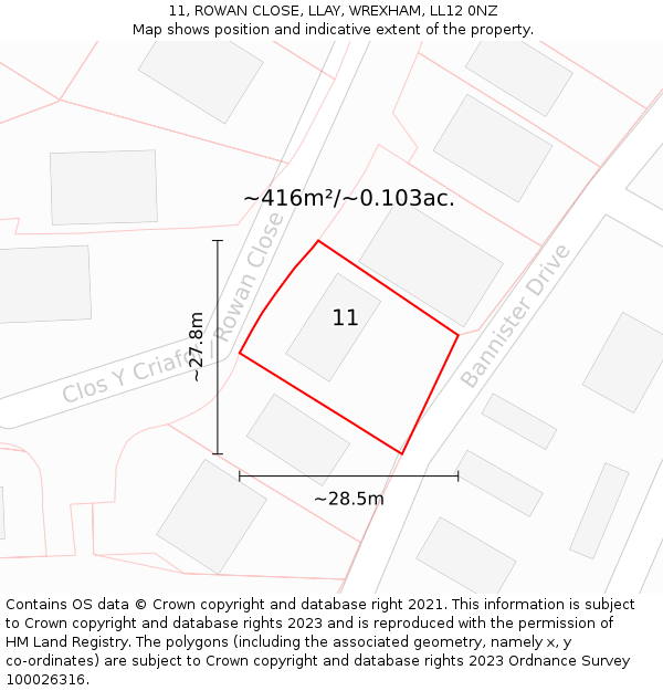 11, ROWAN CLOSE, LLAY, WREXHAM, LL12 0NZ: Plot and title map