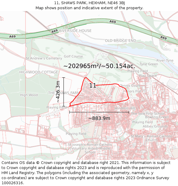 11, SHAWS PARK, HEXHAM, NE46 3BJ: Plot and title map