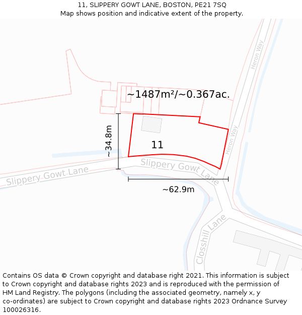 11, SLIPPERY GOWT LANE, BOSTON, PE21 7SQ: Plot and title map