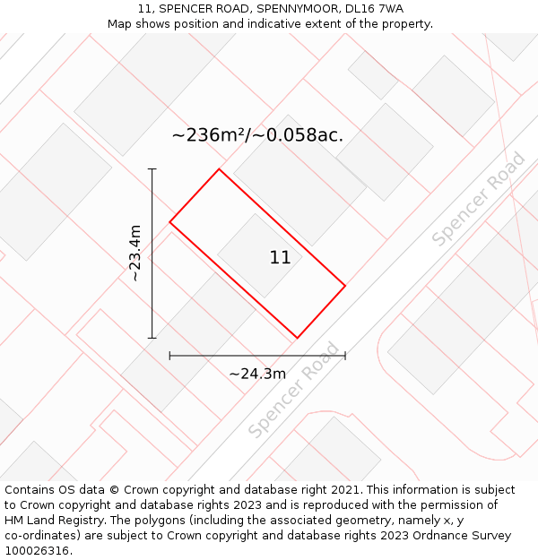 11, SPENCER ROAD, SPENNYMOOR, DL16 7WA: Plot and title map