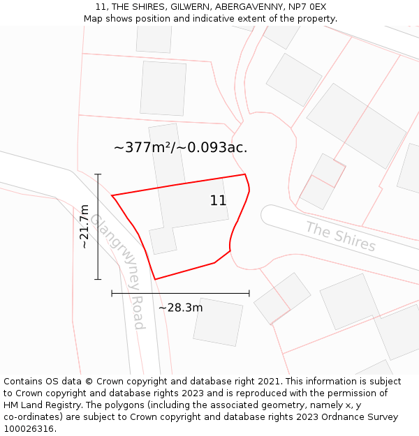 11, THE SHIRES, GILWERN, ABERGAVENNY, NP7 0EX: Plot and title map