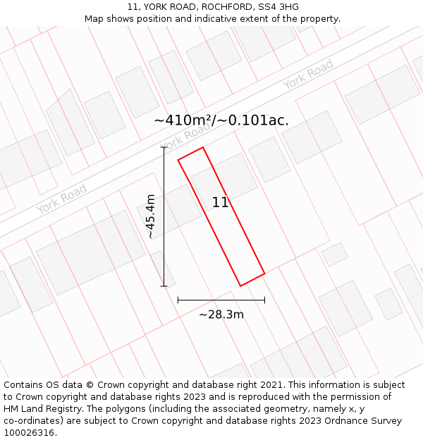 11, YORK ROAD, ROCHFORD, SS4 3HG: Plot and title map