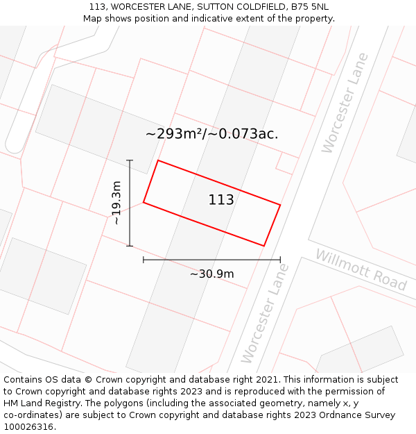 113, WORCESTER LANE, SUTTON COLDFIELD, B75 5NL: Plot and title map