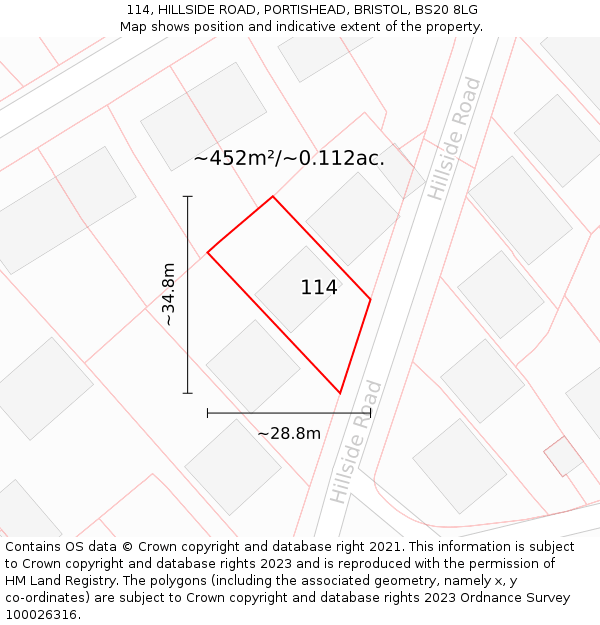 114, HILLSIDE ROAD, PORTISHEAD, BRISTOL, BS20 8LG: Plot and title map