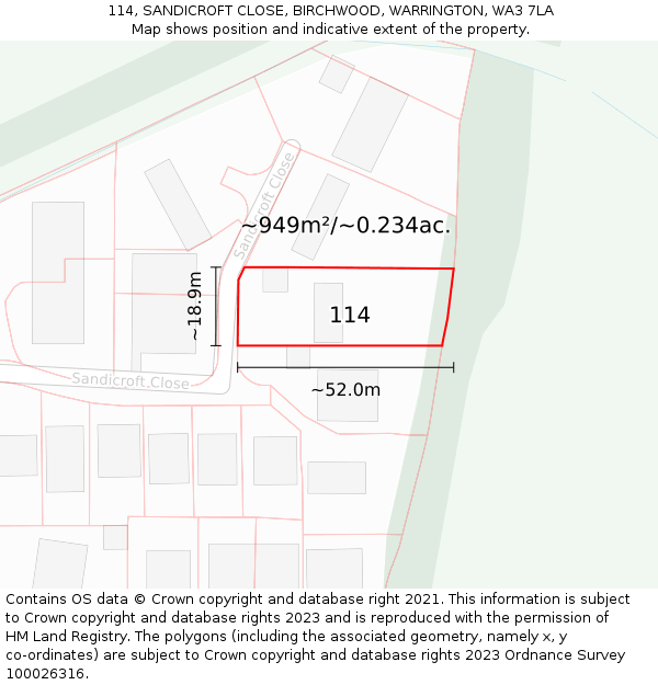 114, SANDICROFT CLOSE, BIRCHWOOD, WARRINGTON, WA3 7LA: Plot and title map