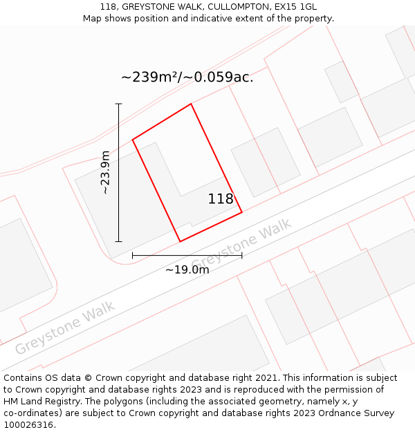 118, GREYSTONE WALK, CULLOMPTON, EX15 1GL: Plot and title map