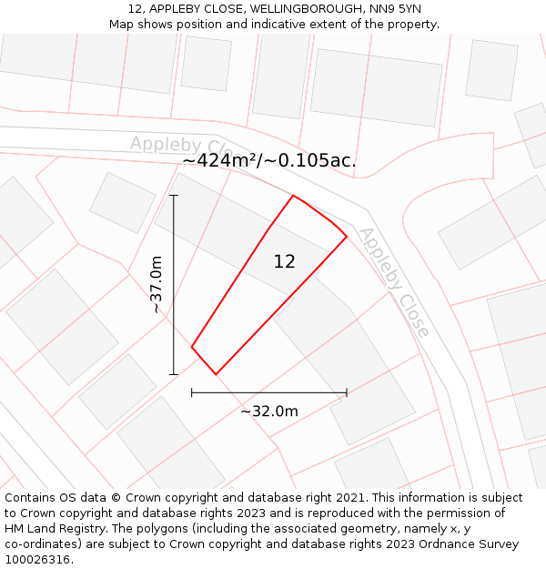 12, APPLEBY CLOSE, WELLINGBOROUGH, NN9 5YN: Plot and title map