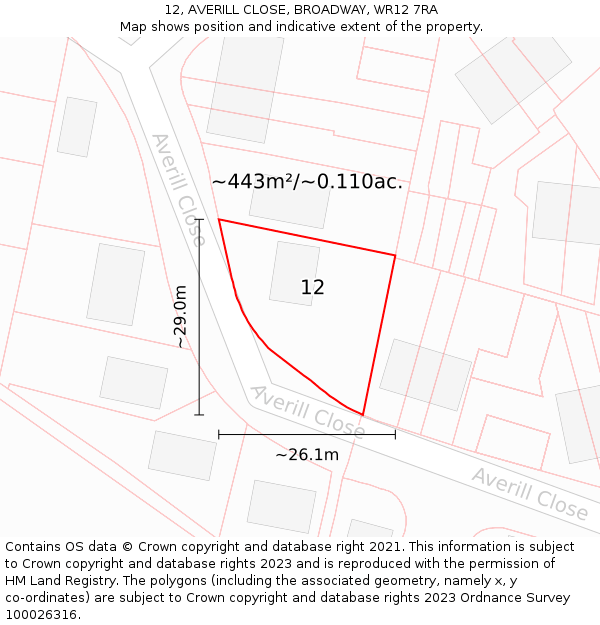 12, AVERILL CLOSE, BROADWAY, WR12 7RA: Plot and title map