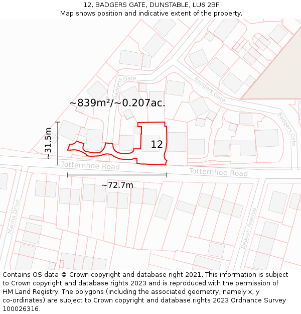 12, BADGERS GATE, DUNSTABLE, LU6 2BF: Plot and title map