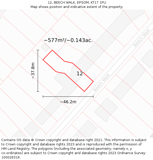 12, BEECH WALK, EPSOM, KT17 1PU: Plot and title map