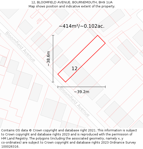 12, BLOOMFIELD AVENUE, BOURNEMOUTH, BH9 1UA: Plot and title map