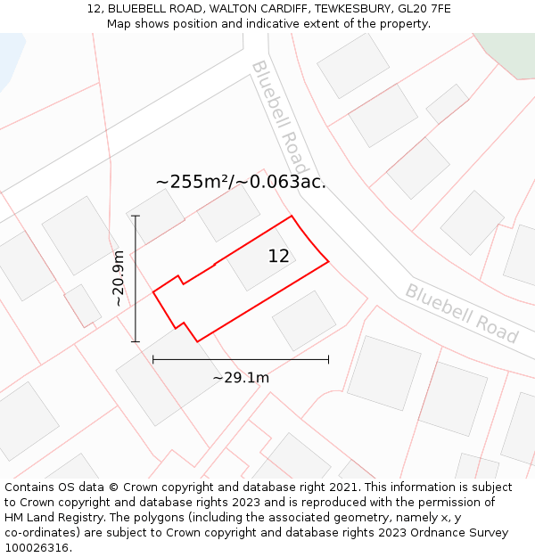 12, BLUEBELL ROAD, WALTON CARDIFF, TEWKESBURY, GL20 7FE: Plot and title map