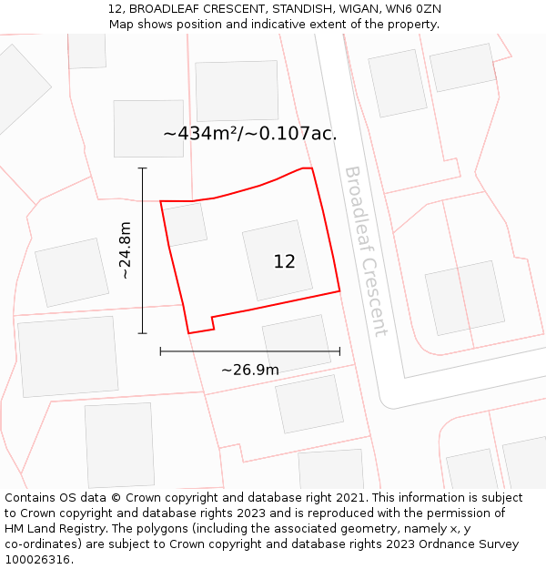 12, BROADLEAF CRESCENT, STANDISH, WIGAN, WN6 0ZN: Plot and title map