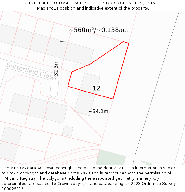 12, BUTTERFIELD CLOSE, EAGLESCLIFFE, STOCKTON-ON-TEES, TS16 0EG: Plot and title map