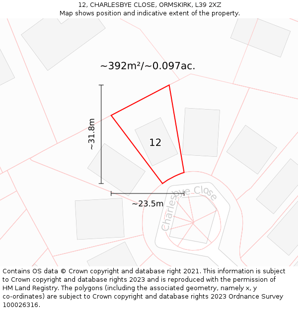 12, CHARLESBYE CLOSE, ORMSKIRK, L39 2XZ: Plot and title map