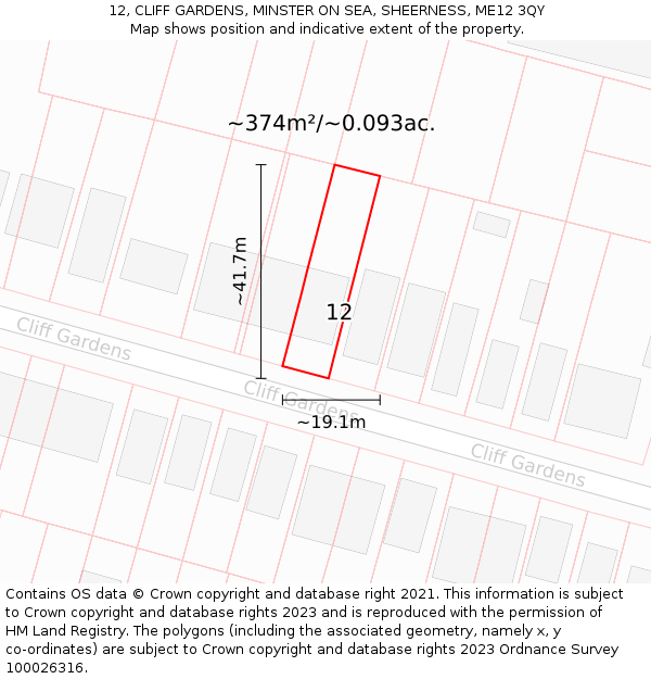 12, CLIFF GARDENS, MINSTER ON SEA, SHEERNESS, ME12 3QY: Plot and title map