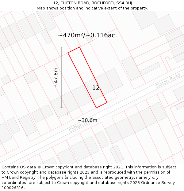 12, CLIFTON ROAD, ROCHFORD, SS4 3HJ: Plot and title map