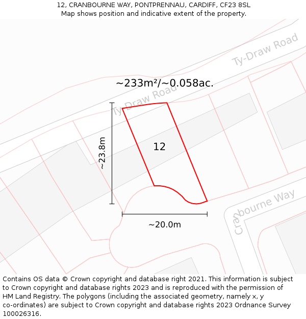 12, CRANBOURNE WAY, PONTPRENNAU, CARDIFF, CF23 8SL: Plot and title map